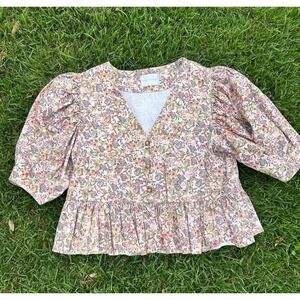 Kika Vargas Pink Print Ruffle Button Front Peplum M